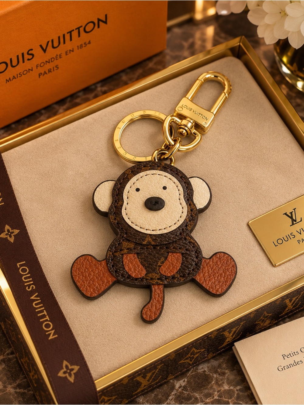 Leather Monkey Keychain Charm - Brown/Cream with Gold Hardware